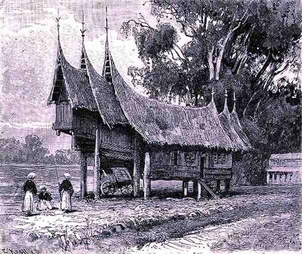 Hus i centrala Sumatra, graverat av E. Krell, från The History of Mankind, Vol.1, av Prof. Friedrich Ratzel, 1896 av English School