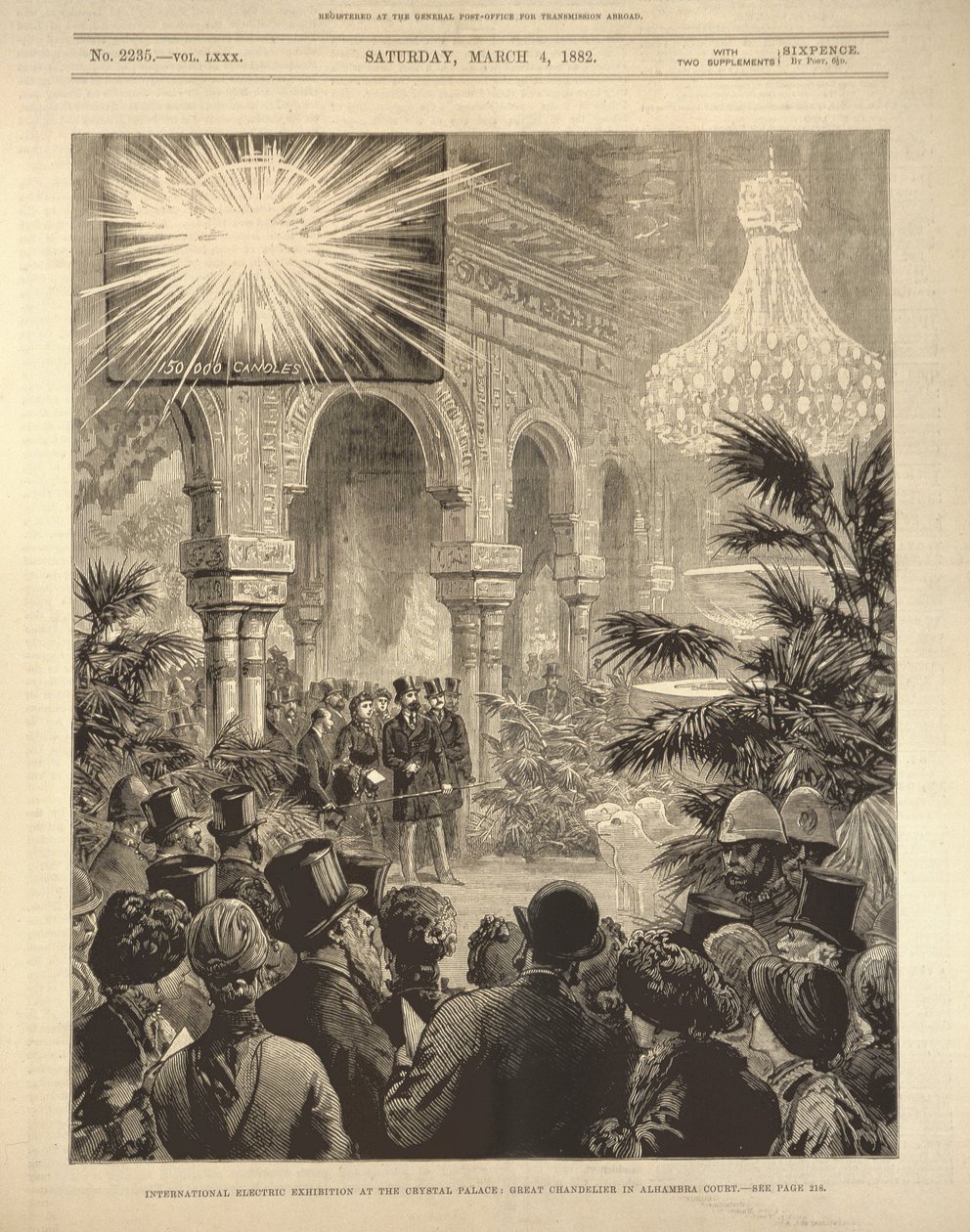 International Electric Exhibition at the Crystal Palace: Great Chandelier in the Alhambra Court, från The Illustrated London News, 4 mars 1882 av English School