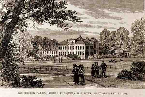 Kensington Palace, där drottningen föddes, som det dök upp 1831, från The Illustrated London News, 19 juni 1886 av English School