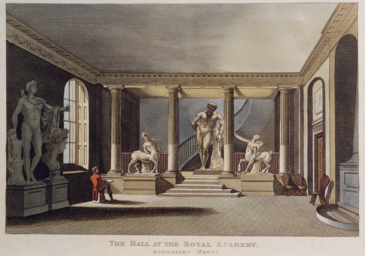 Man ritar en skulptur i hallen på Royal Academy of Arts i Somerset House, 1810 av English School