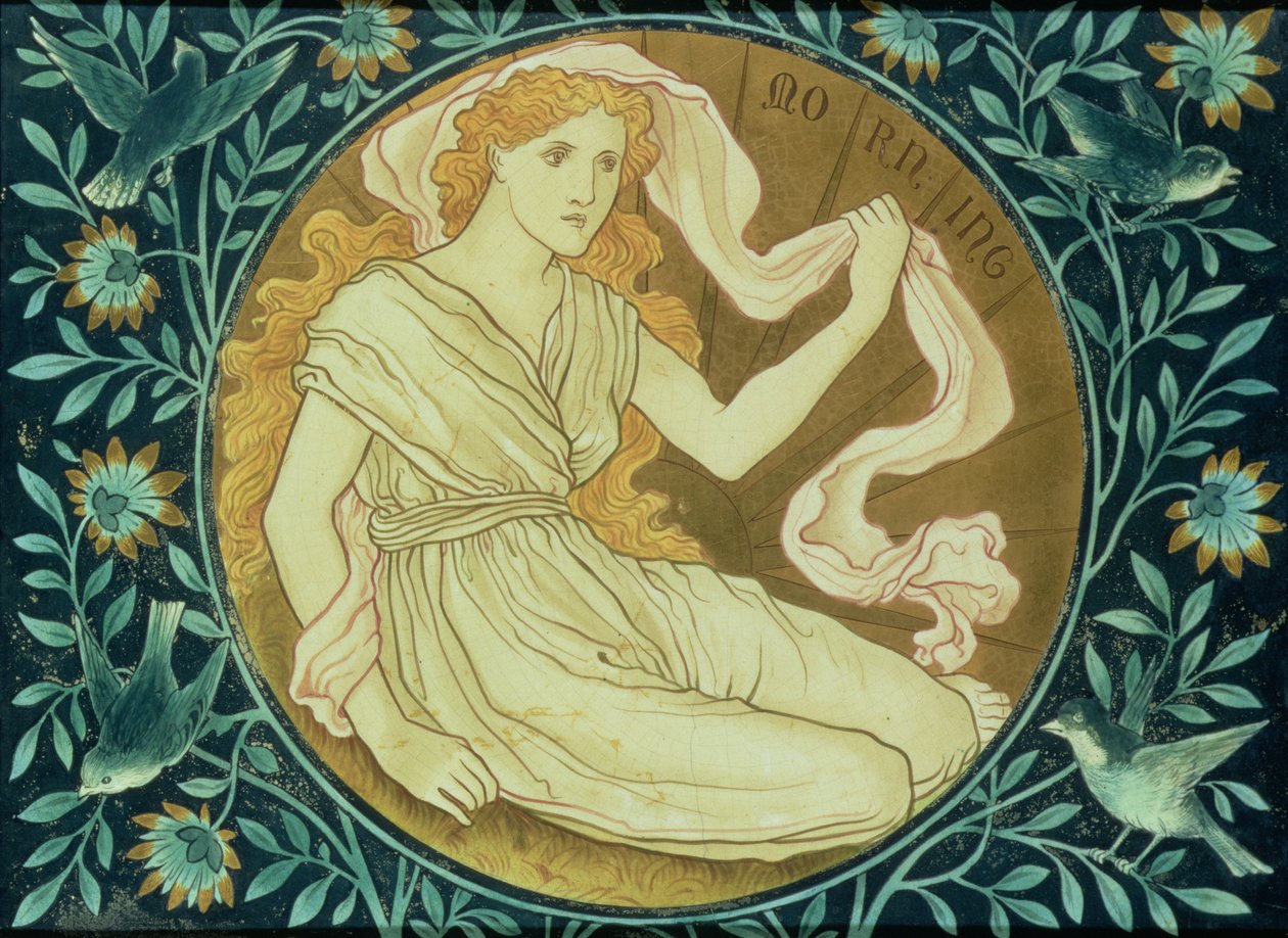 Morgon, panel dekorerad med en allegorisk figur som representerar den uppgående solen, tillverkad av Shrigley & Hunt, 1876 (keramik) av English School