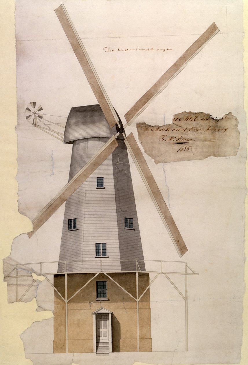 Mr Pilchers Windmill i Margate, Kent, 1816 (penna och bläck, penna och tvätt på papper) av English School