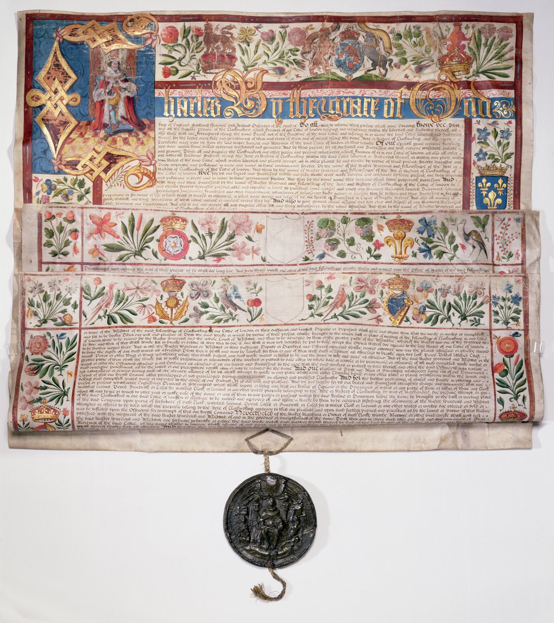 Ms 6430 The Clockmakers Charter, beviljad av kung Charles I den 22 augusti 1631 av English School