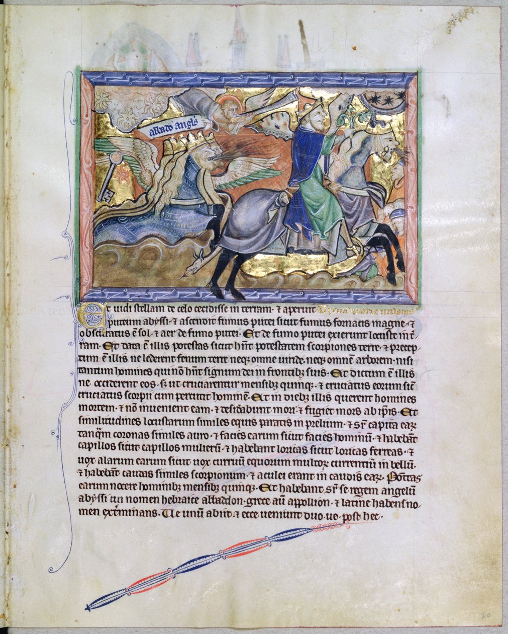Ms L.A. 139-Lisboa fol.20 Exterminans, gräshoppornas kung, reser sig ur gropen, från Gulbenkian Apocalypse, c.1265-70 av English School
