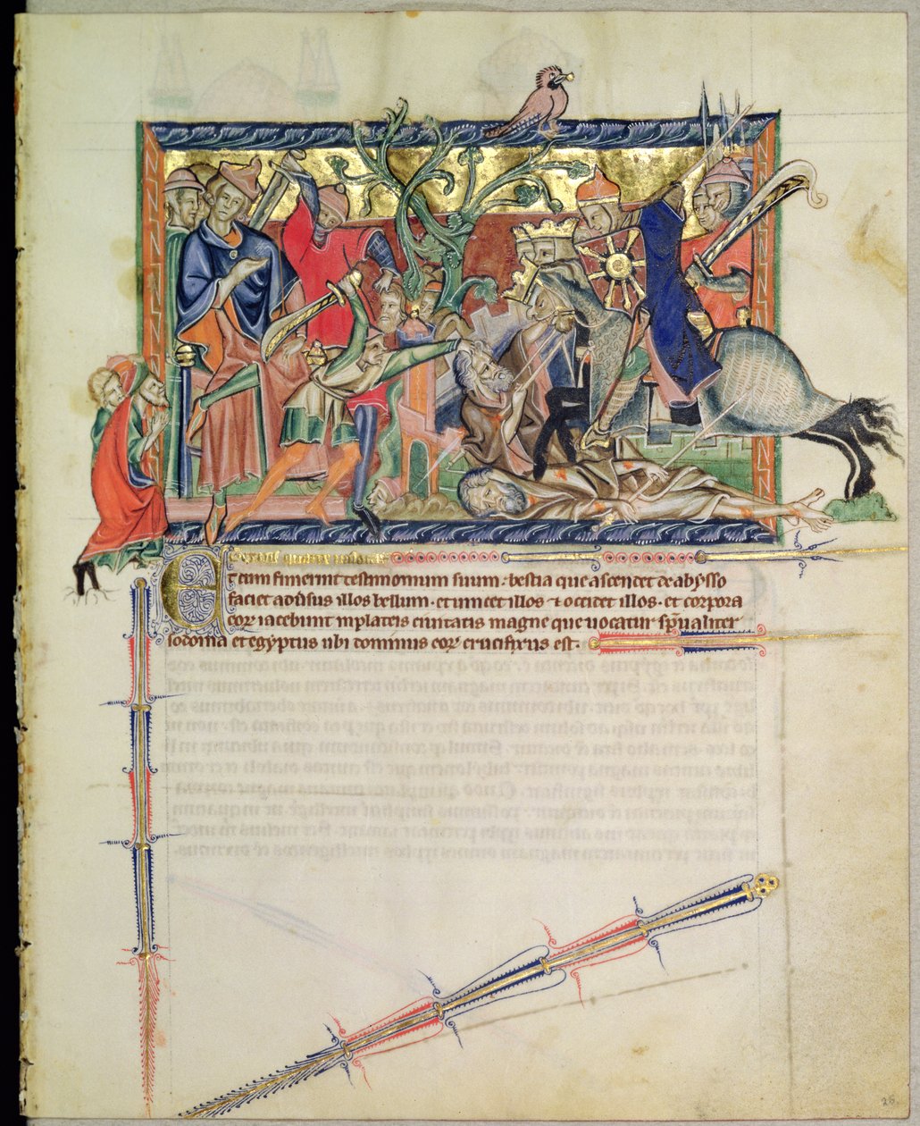Ms L.A. 139-Lisboa fol.26 Exterminans som ser ryttarna trampa de två vittnena, från Gulbenkian Apocalypse, ca 1265-70 av English School