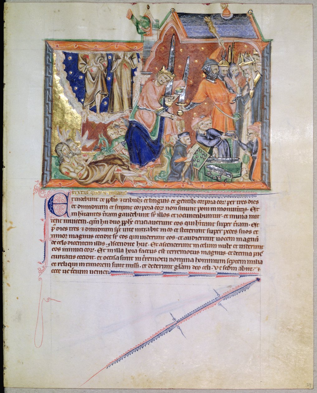 Ms L.A. 139-Lisboa fol.27 Vittnen lämnas obegravda och deras själar stiger upp till himlen, från Gulbenkian Apocalypse, ca 1265-70 av English School