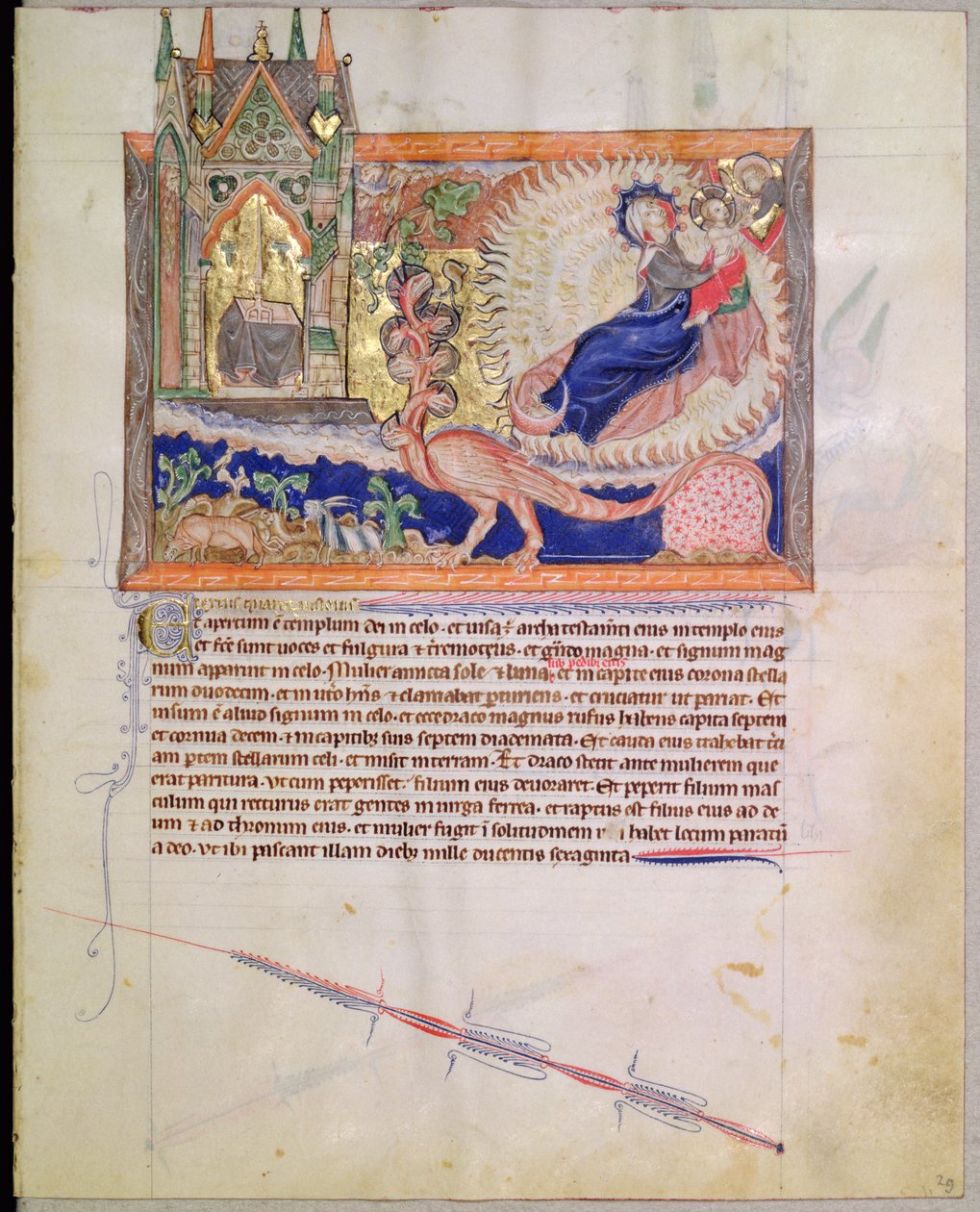 Ms L.A. 139-Lisboa fol.29 Gud räddar det manliga barnet från att slukas av den röda draken, från Gulbenkian Apocalypse, ca 1265-70 av English School