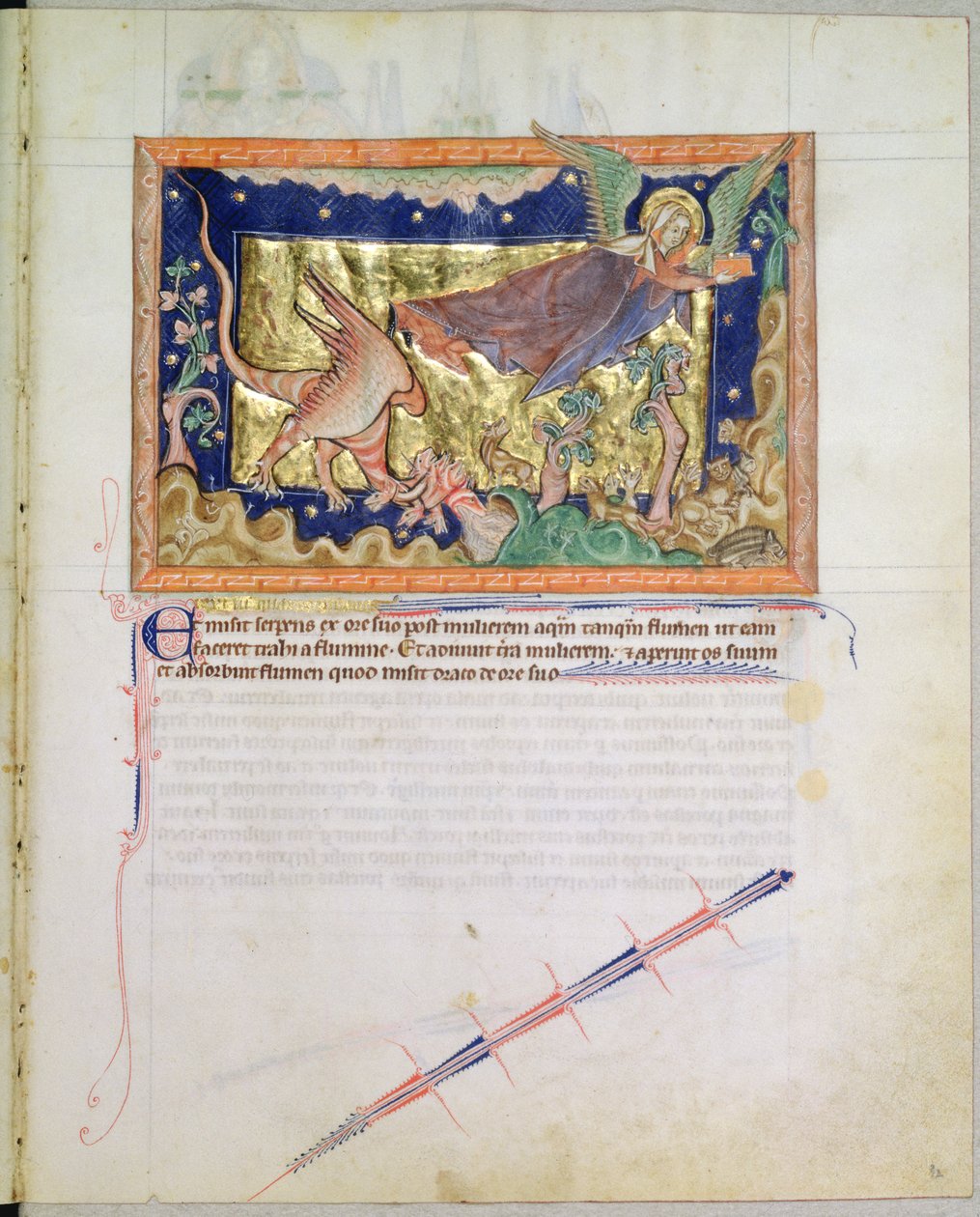 Ms L.A. 139-Lisboa fol.32 Kvinnan som flyger iväg när jorden sväljer vattnet som spys ut av den röda draken, från Gulbenkian Apocalypse, ca 1265-70 av English School