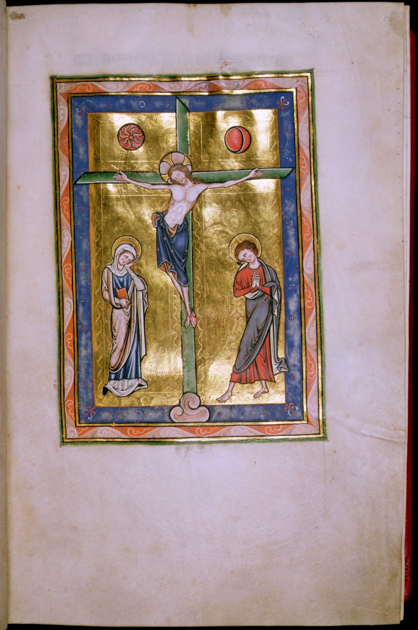Ms.12.f12r Crucifixion with the Virgin and St. John, from the Peterborough Psalter, c.1260 av English School