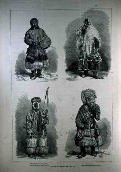 Infödda i Sibirien: Samojed från Nedre Yenesei, kvinnlig samojed, Ostiak Inhabiting the Basin of the Obi, från The Illustrated London News, 22 april 1882 av English School