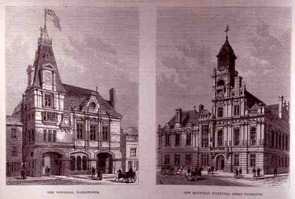 New Town Hall, Wandsworth and the New Municipal Buildings, Great Yarmouth, från The Illustrated London News, 21 januari 1882 av English School