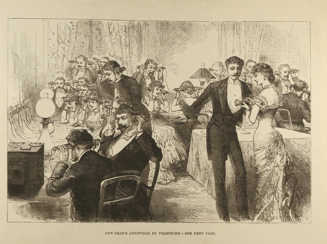 Nyårshälsningar per telefon, från The Illustrated London News, 7 januari 1882 av English School