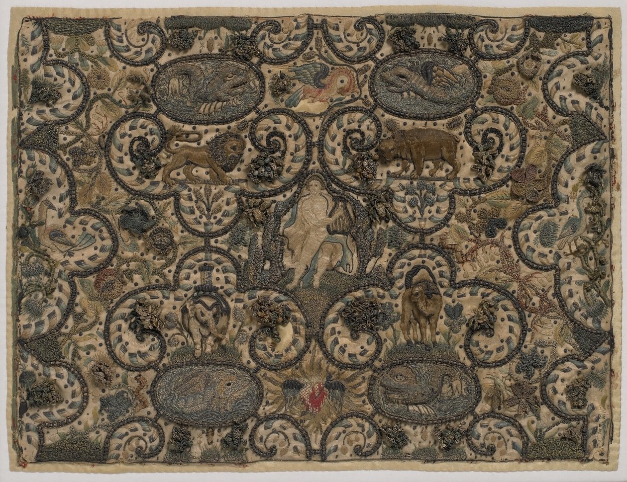 Orpheus charmar djuren med sin luta, upphöjda sidenbroderi, ca 1630 (silkesbroderi) av English School