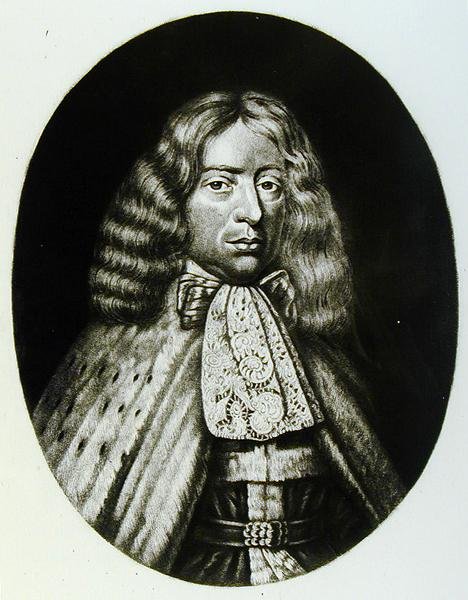 Porträtt av George, Earl of Berkeley (1628-98) graverad av Richard Earlom (1743-1822) och Charles Turner (ca 1773-1857) från Illustrious Characters in British History (mezzotint) av English School