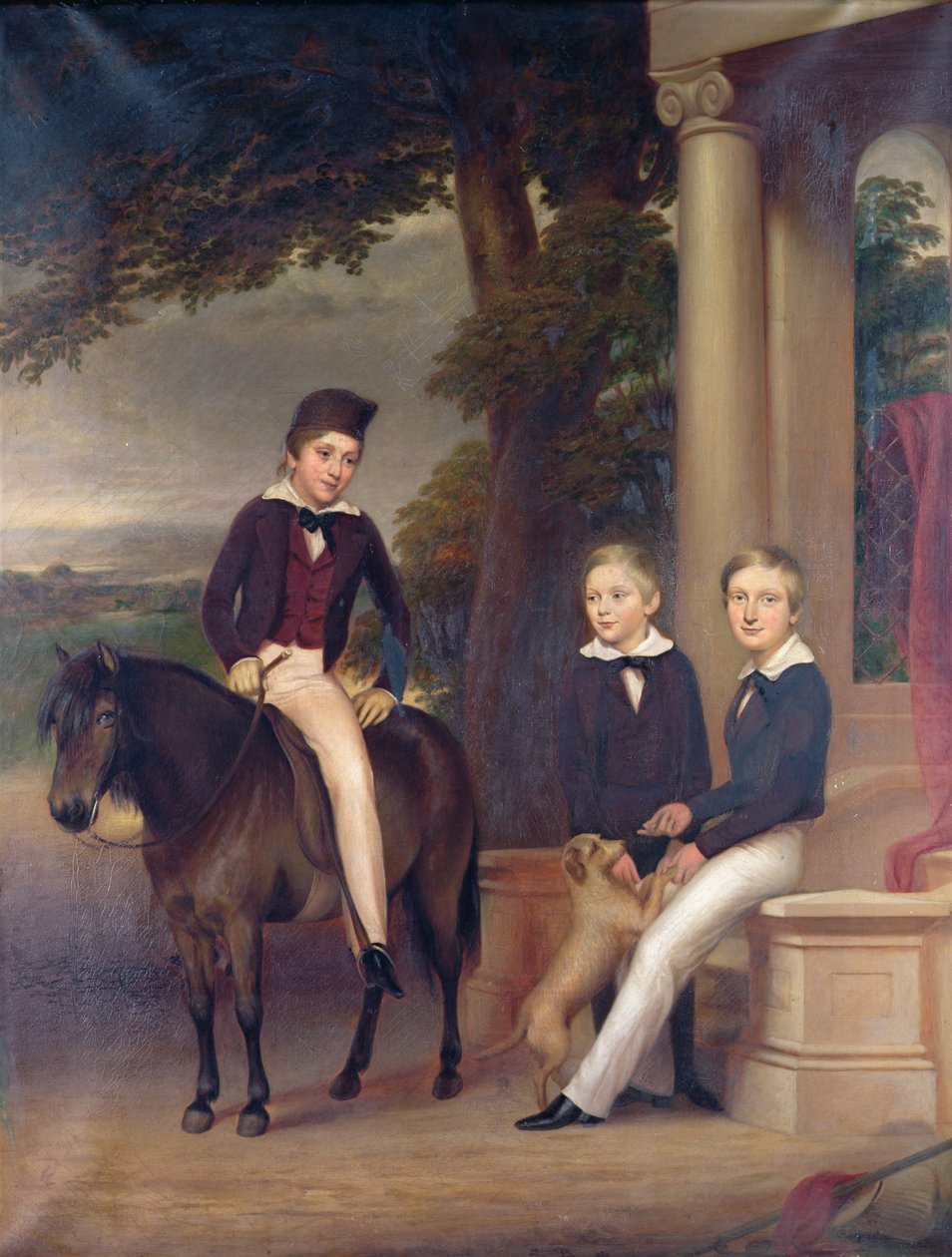 Porträtt av John, George och Thomas Gladstone med sina favorithusdjur, ca 1840 av English School