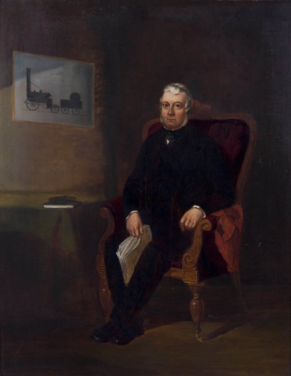 Porträtt av Robert Stephenson med raket av English School