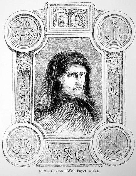 Porträtt av William Caxton (ca 1422-91) och hans Printers Mark av English School