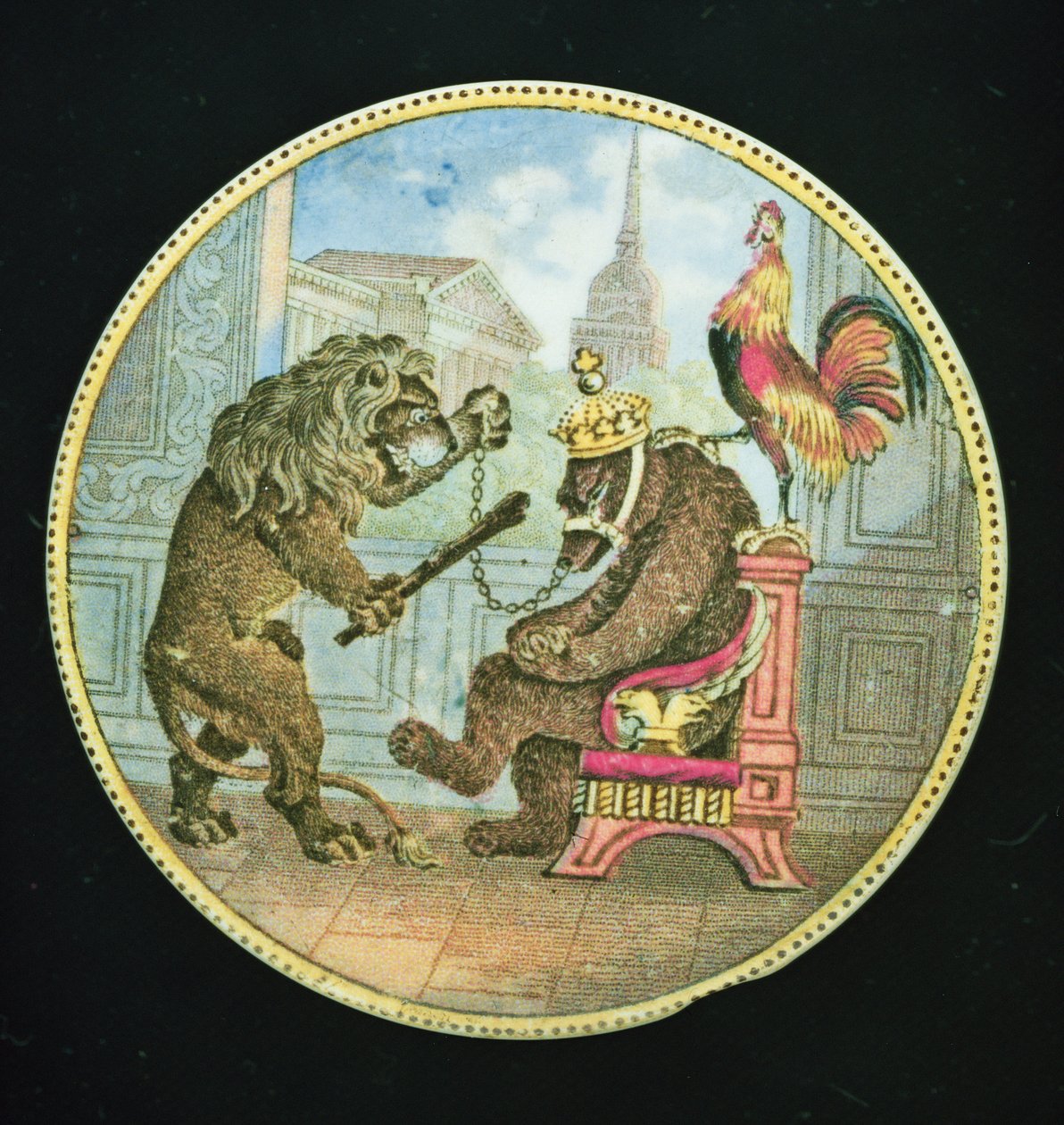 Grytlock, föreställande en björn, lejon och hane, Staffordshire (lergods) av English School