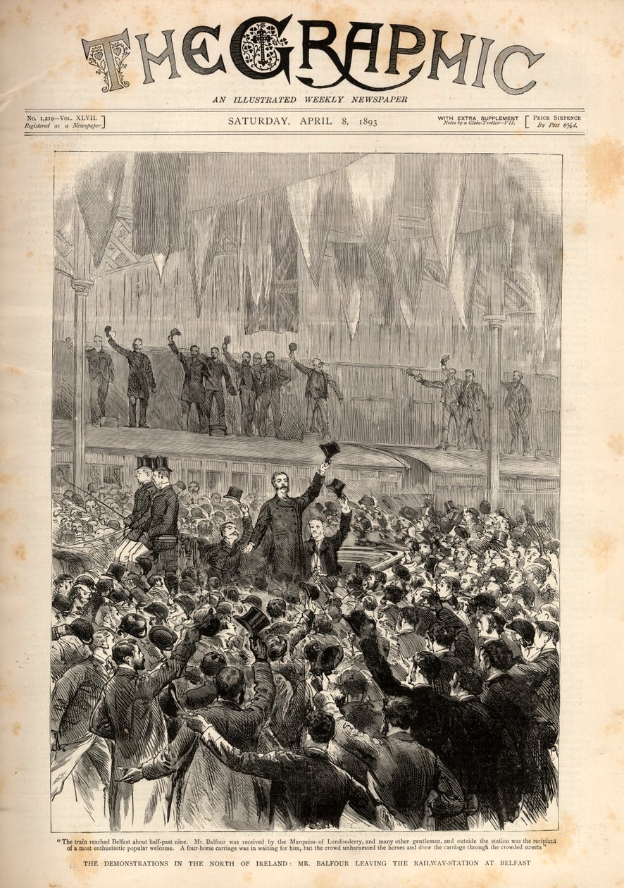 Protest mot Home Rule Bill (införd av Gladstone) i Belfast: Arthur James Balfour lämnar järnvägsstationen i Belfast. av English School