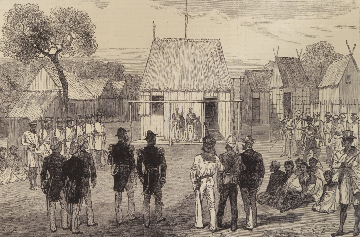 Mottagande av brittiska sjöofficerare av den infödda guvernören i Mohabo, Madagaskar, från The Illustrated London News, 26 november 1881 av English School