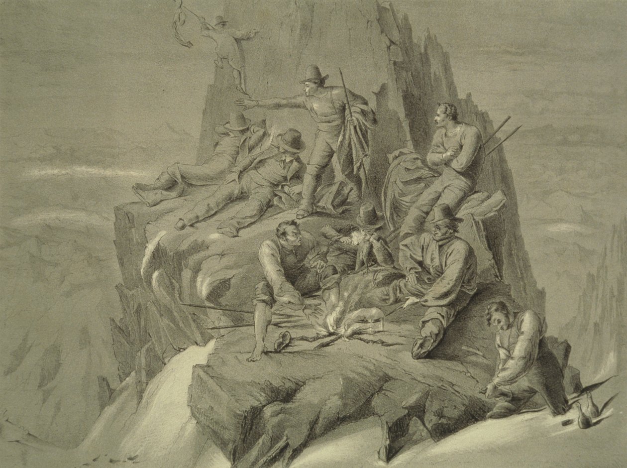 Vila på en avsats, från tio scener i Mont Blancs sista bestigning inklusive fem vyer från toppmötet, av J.D.H. Browne, publicerad 1853 av English School
