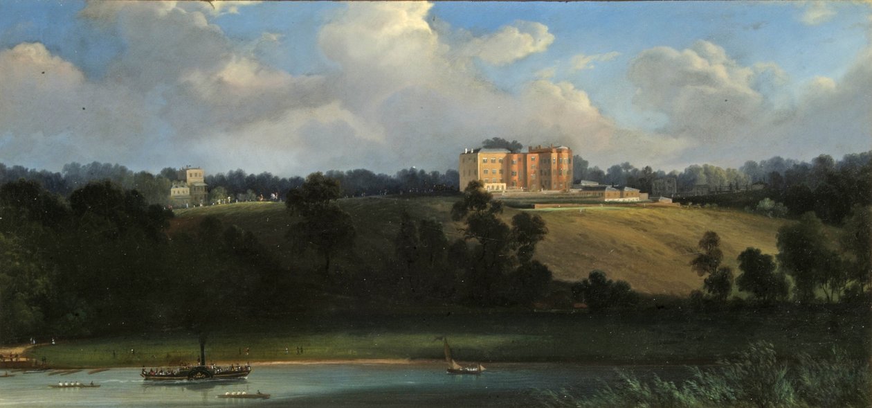 Richmond Hill från floden, Surrey, ca 1830 (olja på skiffer) av English School