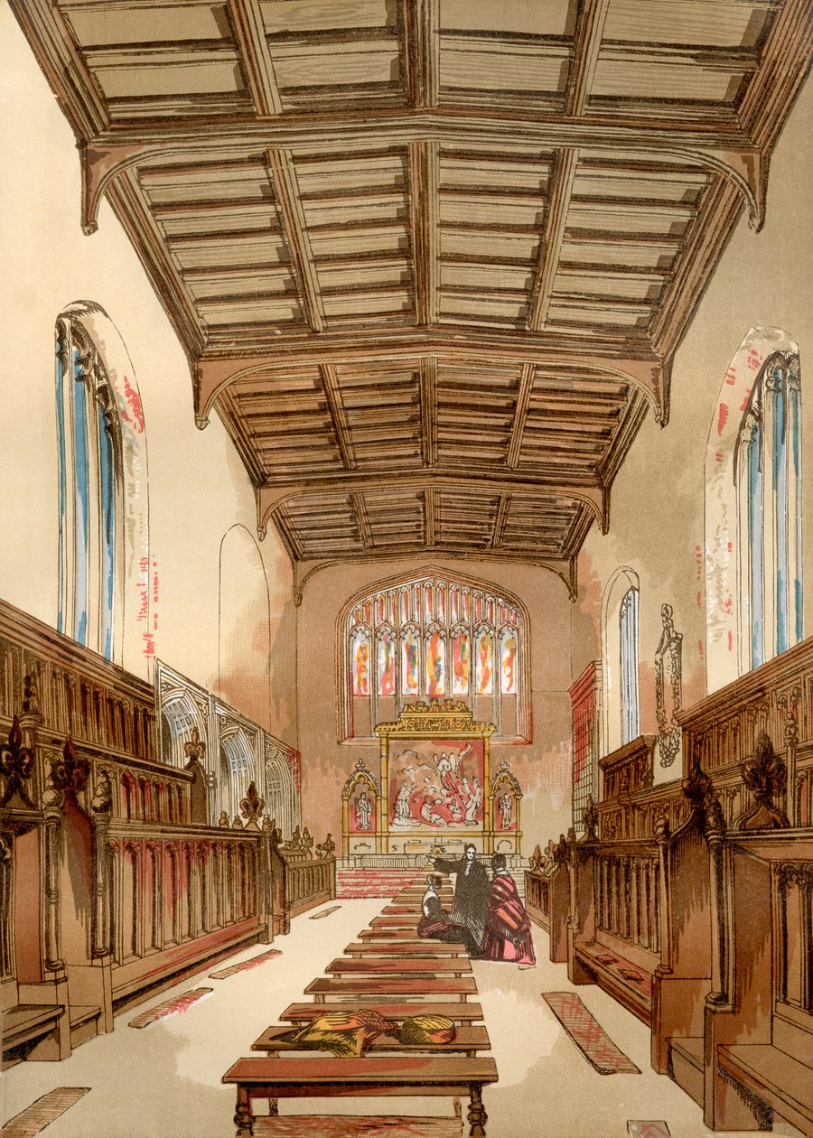 St. Johns College Old Chapel, Cambridge University, Cambridge, England innan dess rivning, från Old England: A Pictorial Museum, pub. 1847 av English School