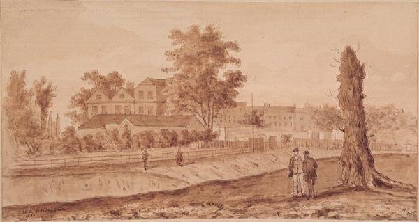 Stoke Newington Green, paraferad H.F., 1860 (sepia) av English School