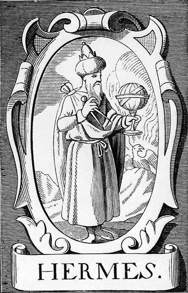 Alkemisten Hermes Trismegistos, illustration från vetenskap och litteratur under medeltiden och renässansen, skriven och graverad av Paul Lacroix, 1878 av English School