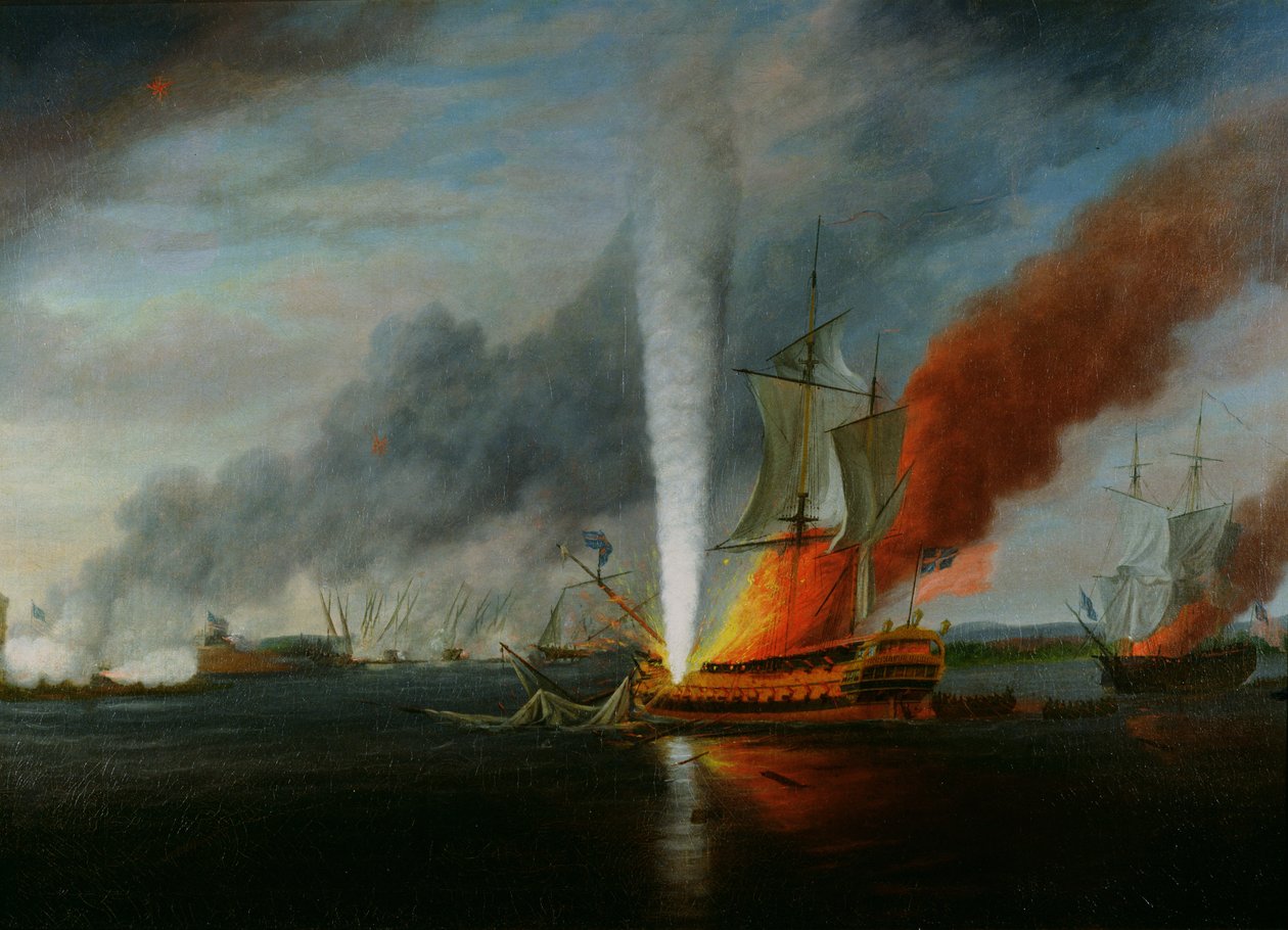 Brännandet av H.M.S. Augusta 1777 av English School
