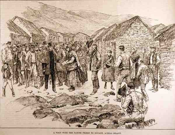 The Distress in the West of Ireland: A Visit with the Parish Priest till Dooagh, Achill Island, från The Illustrated London News, 4 oktober 1886 av English School