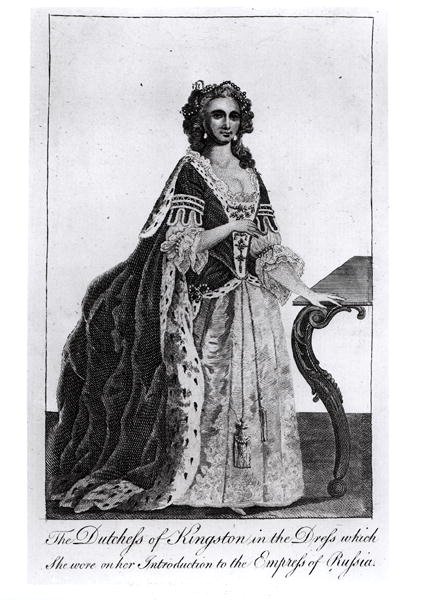 Hertiginnan av Kingston (1720-88) i klänningen som hon bar på sin introduktion till kejsarinnan av Ryssland av English School