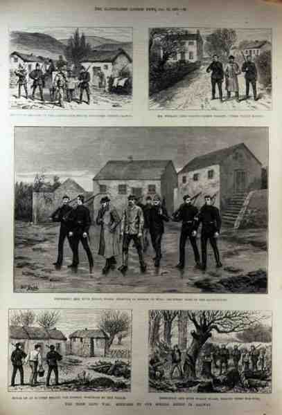 The Irish Land War: Serving Summones on the Clanricarde Estate, Woodford, County Galway, från The Illustrated London News, 15 januari 1887 av English School