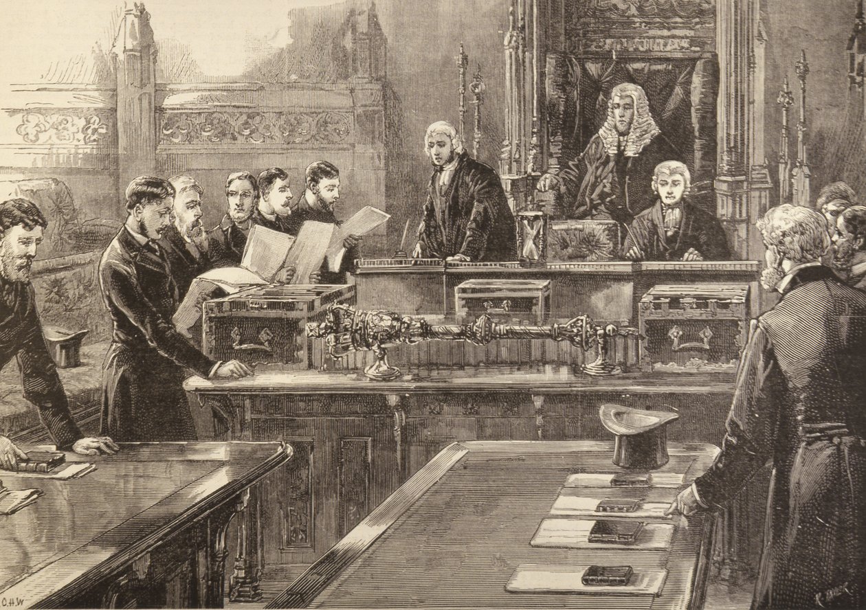 The Opening of Parliament: Members Taking the Oath, graverad av R. Taylor, från The Illustrated London News, 23 januari 1886 av English School