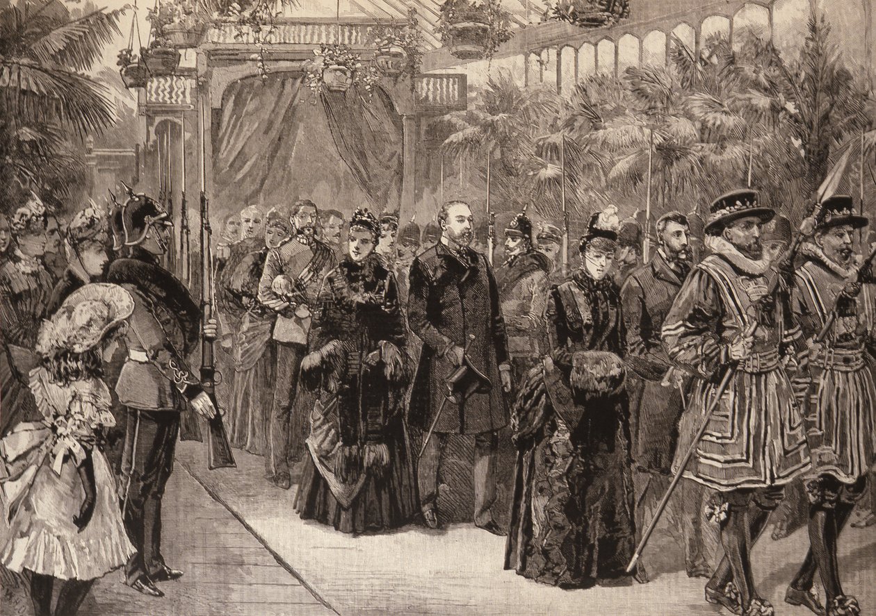 Prinsen och prinsessan av Wales i Manchester: Procession i utställningsbyggnaden, från The Illustrated London News, 14 maj 1887 av English School