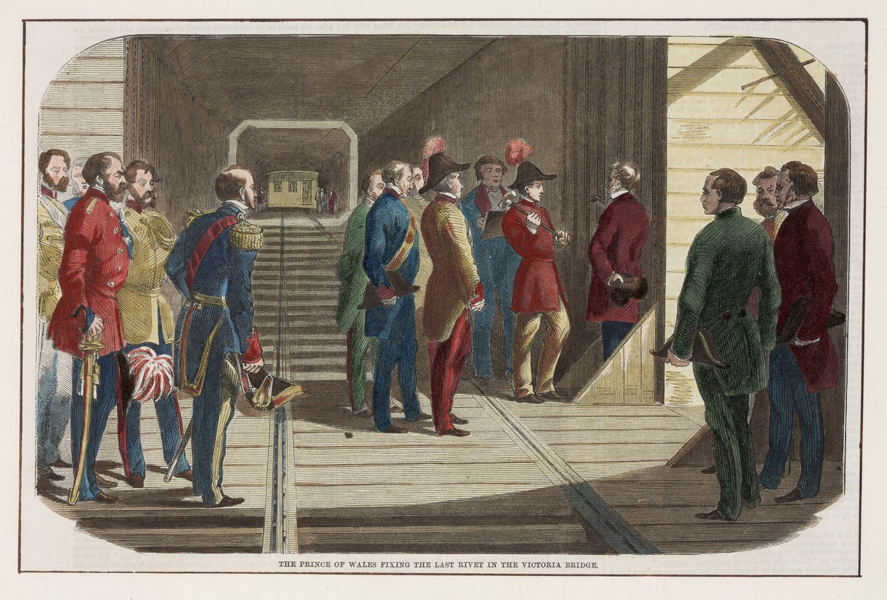 Prinsen av Wales fixar den sista niten i Victoria Bridge, Kanada, 1860 av English School