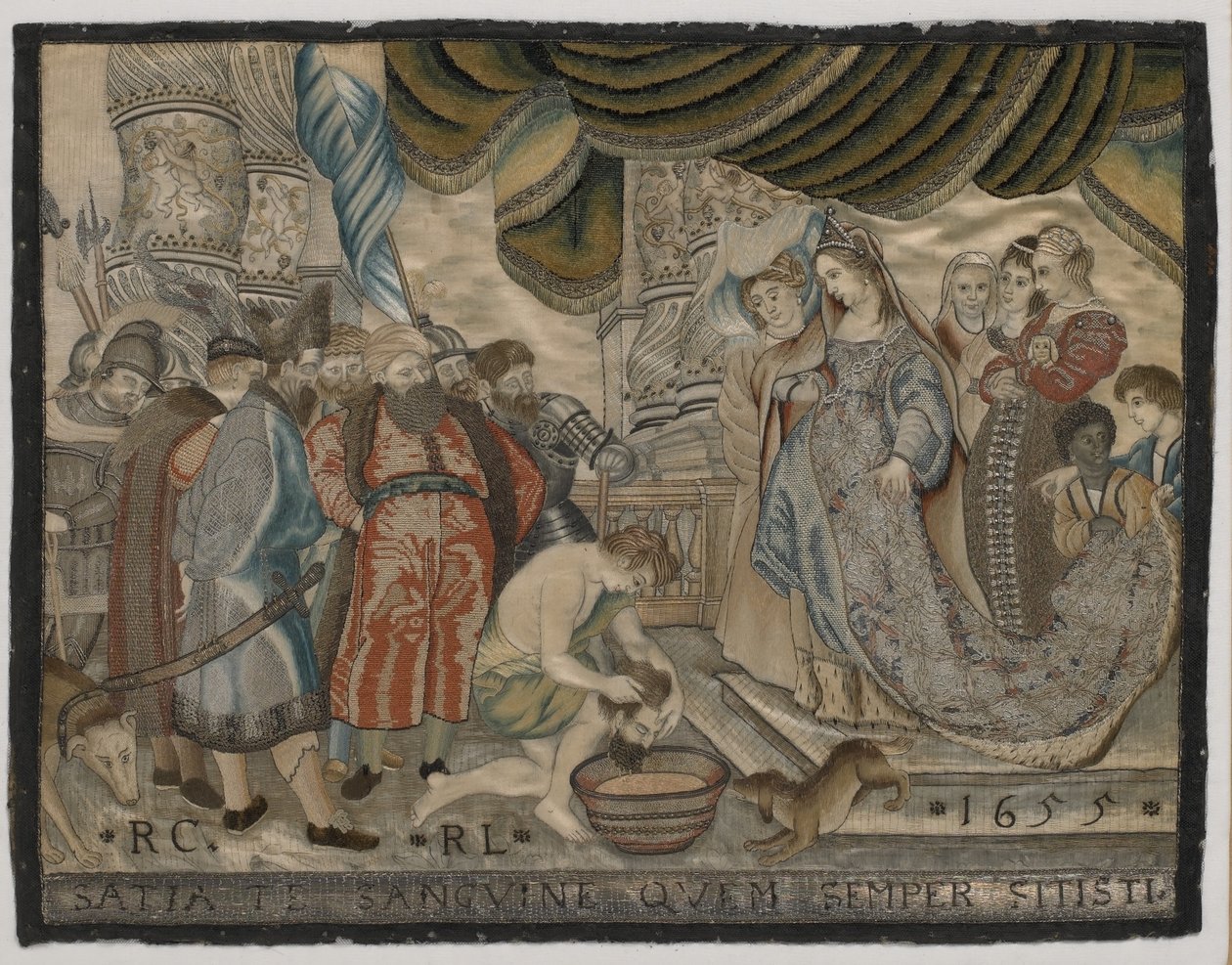 Drottning Tomyris hämnd över Cyrus, sidenbroderi, ca 1655 (silkesbroderi) av English School