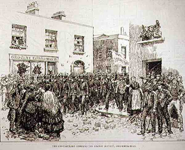 The Riots in Belfast: The Constabulary Entering the Orange District, Shankill Road, från The Illustrated London News, 19 juni 1886 av English School