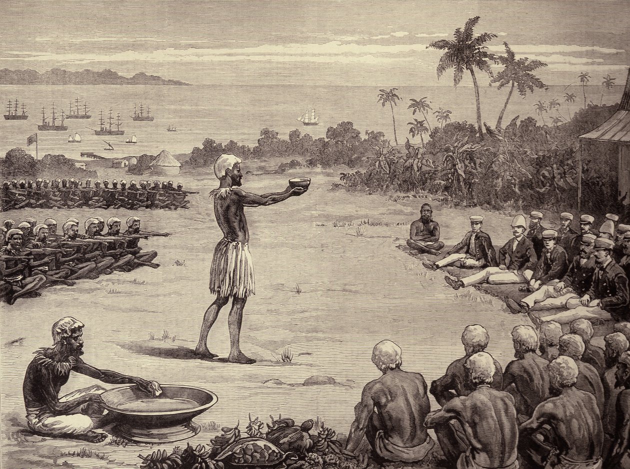 Sailor Princes at the Fiji Islands: Incantation of the Yangona, eller Kava Bowl, från The Illustrated London News, 7 januari 1882 av English School