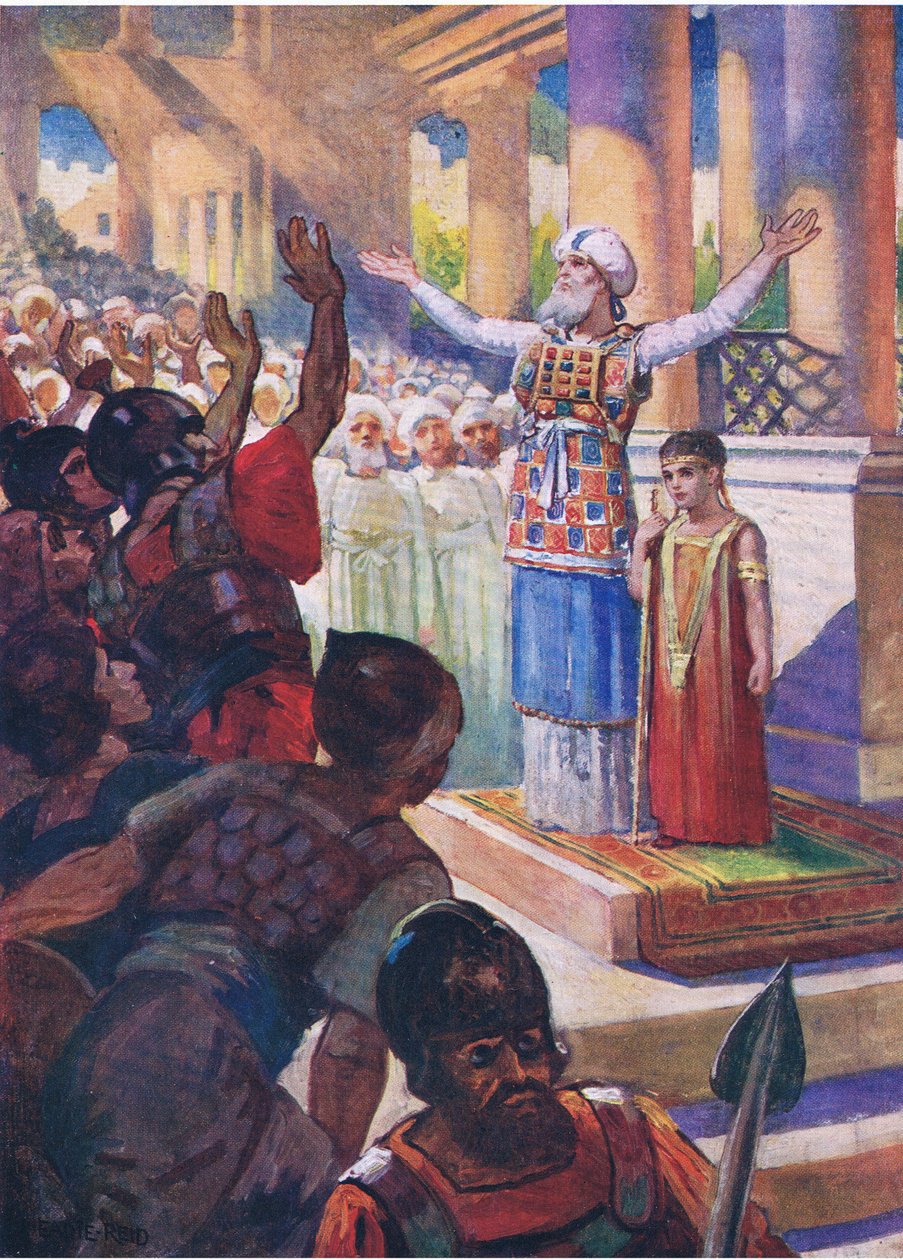 Pojken Joash kröntes till kung, från The Bible Picture Book utgiven av Thomas Nelson, c.1950 av English School