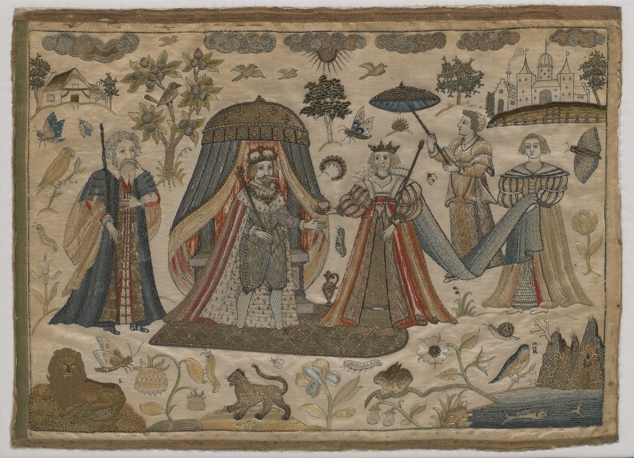 Mötet mellan kung Salomo och drottningen av Saba, ca 1650 (platt sidenbroderi) av English School
