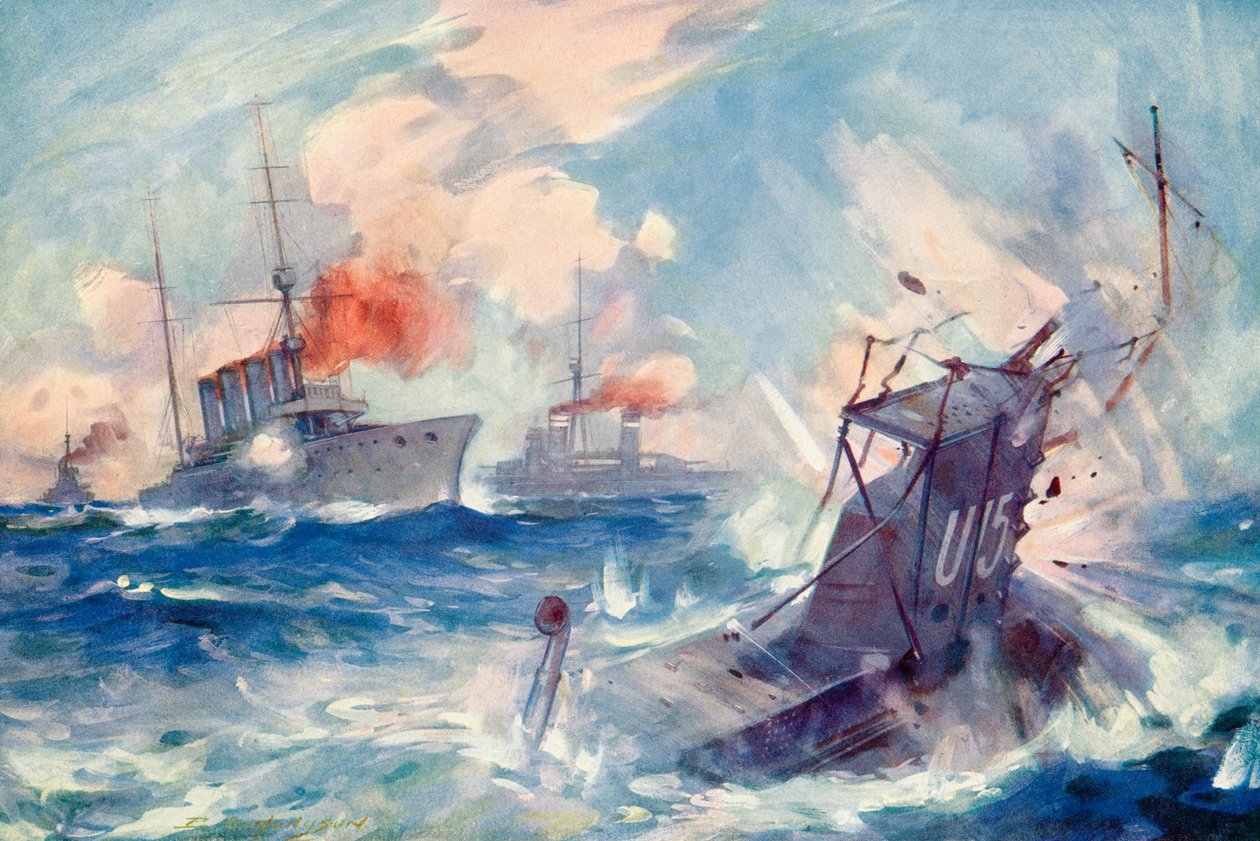 Sänkningen av den tyska ubåten SM U-15 efter att ha rammats av den brittiska lätta kryssaren H.M.S. Birmingham, 9 augusti 1914 under första världskriget, från The History of the Great War, publicerad ca 1919 ( av English School