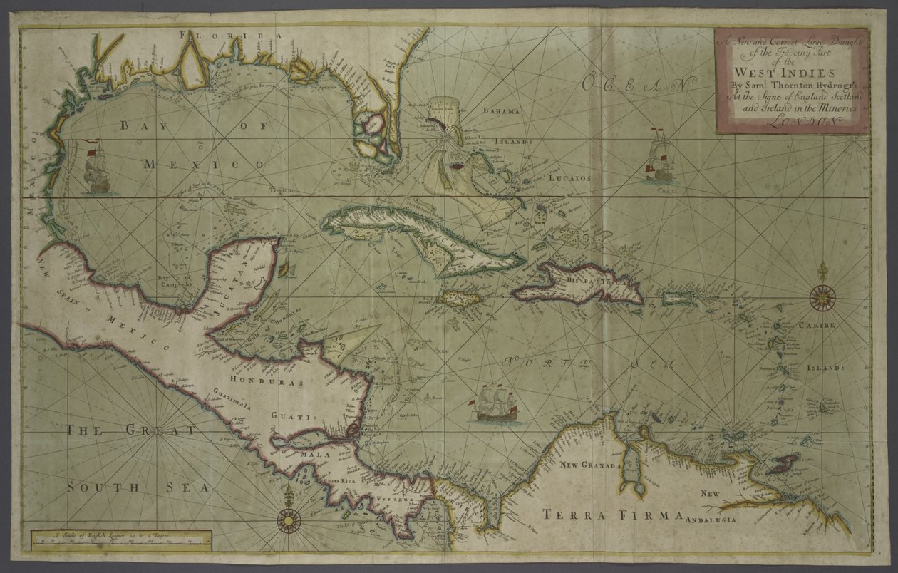Handelskarta över Västindien, 1707 (handfärgat tryck) av English School