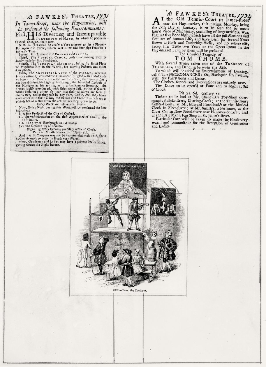Två annonser som rör Faux, the Conjurer, c.1731-34 av English School