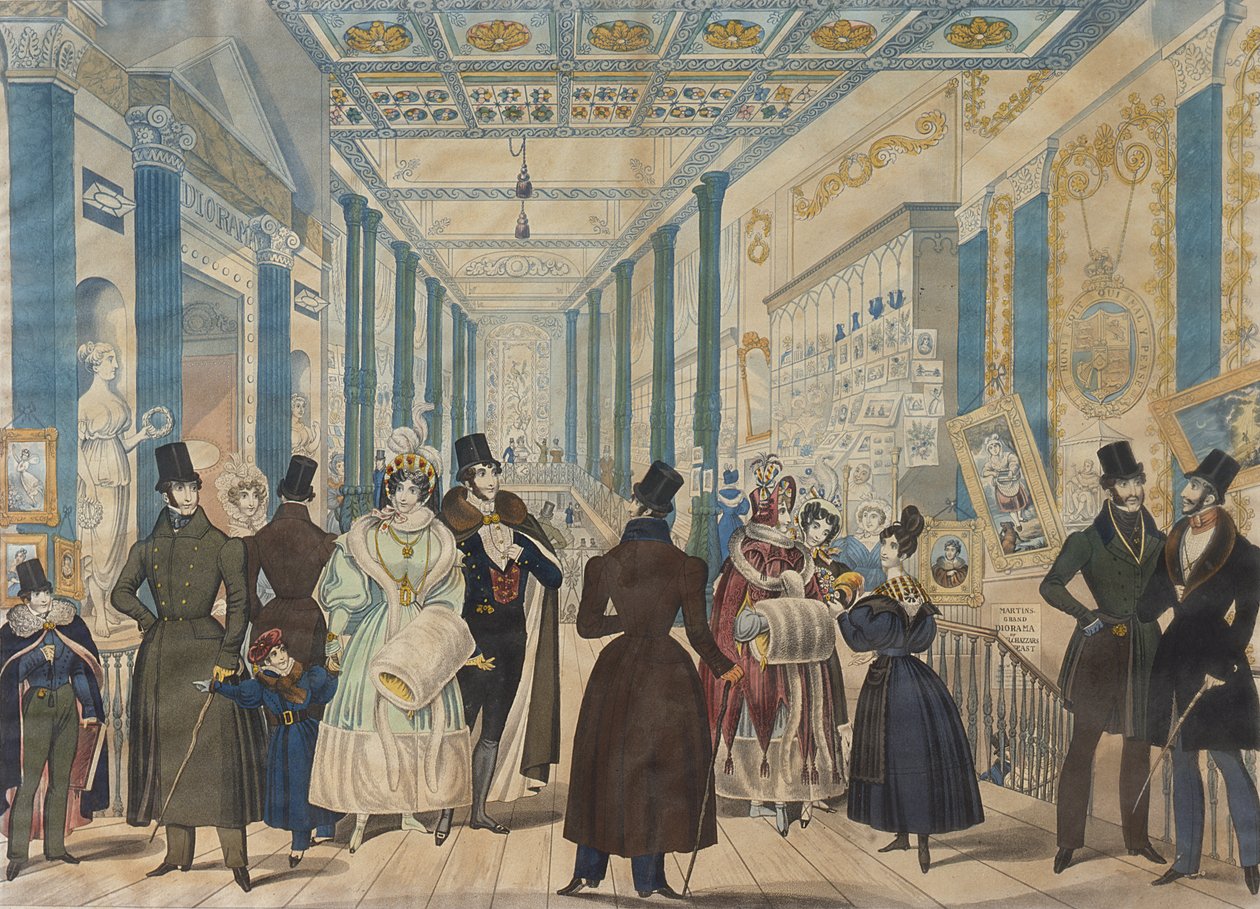 View in the Queens Bazaar, London - Vintermode från nov 1833 till april 1834, publicerad av B.Read & Co., 1833 (akvatint på papper) av English School