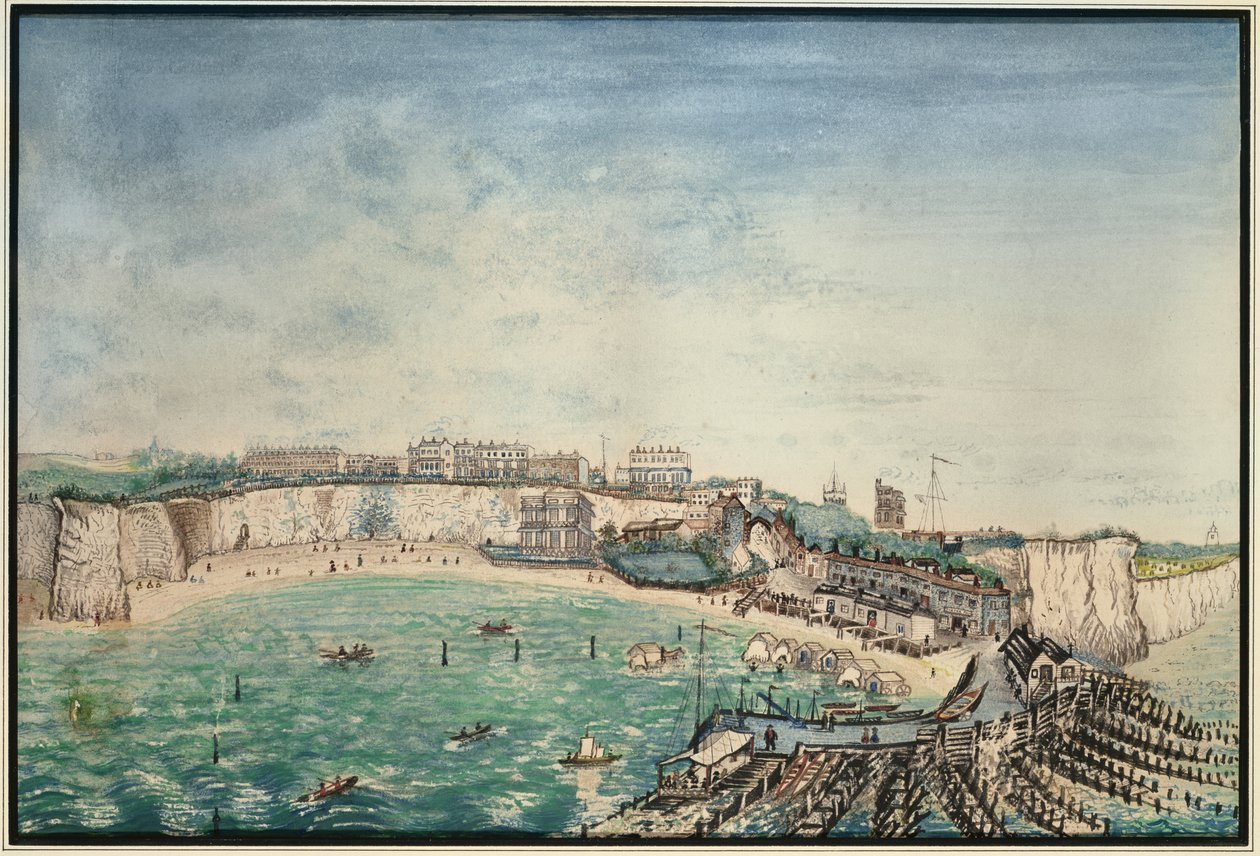 Utsikt över stranden och hamnen i Broadstairs, Kent, ca 1830 (wc på papper) av English School