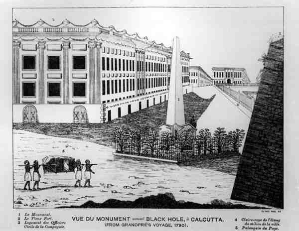 Utsikt över det svarta hålet i Calcutta-monumentet, från Grandpres Voyage, 1790 av English School