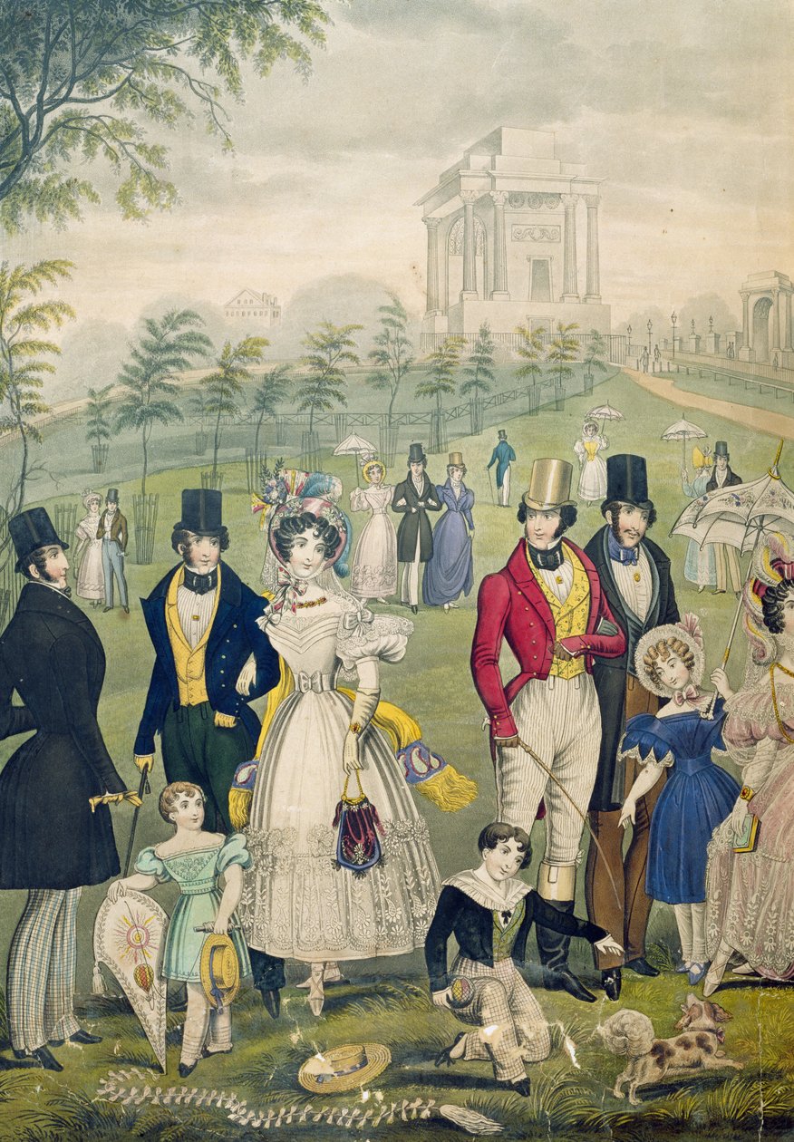 Vy över Green Park, London, som visar tidens mode, detalj på vänster sida, ca 1830 (se även 122099) av English School