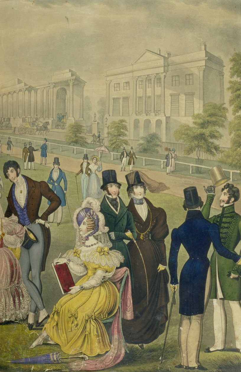 Vy över Green Park, London, som visar tidens mode, detalj på höger sida, ca 1830 (se även 122098) av English School