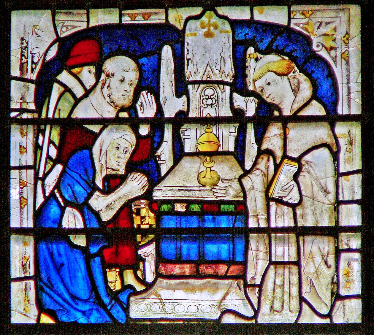 Fönster som visar en spetälsk kvinna som ber vid helgedomen St. William Wellcome, York Minster av English School